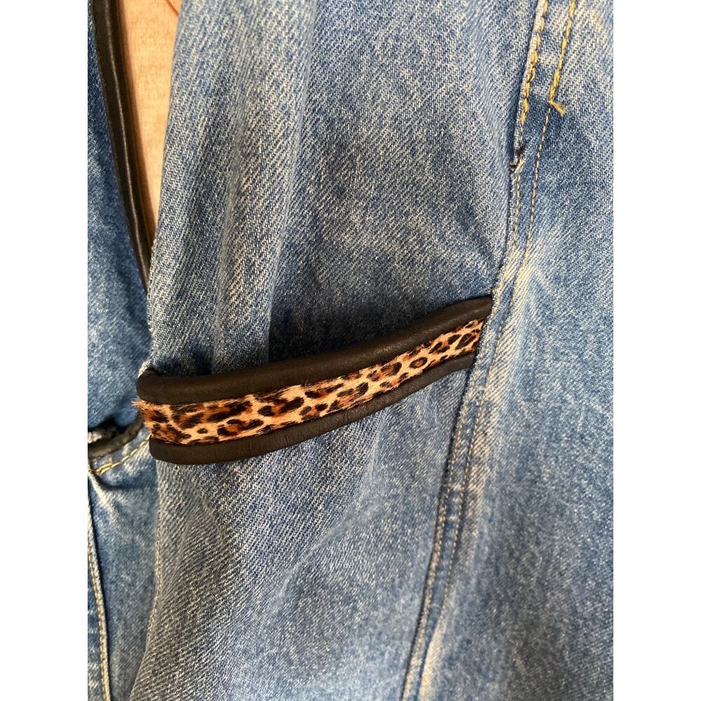 Vintage St. Maarten Dallas Denim Skirt Set Small Vest & Mini Skirt Leopard Trim - Picture 13 of 13